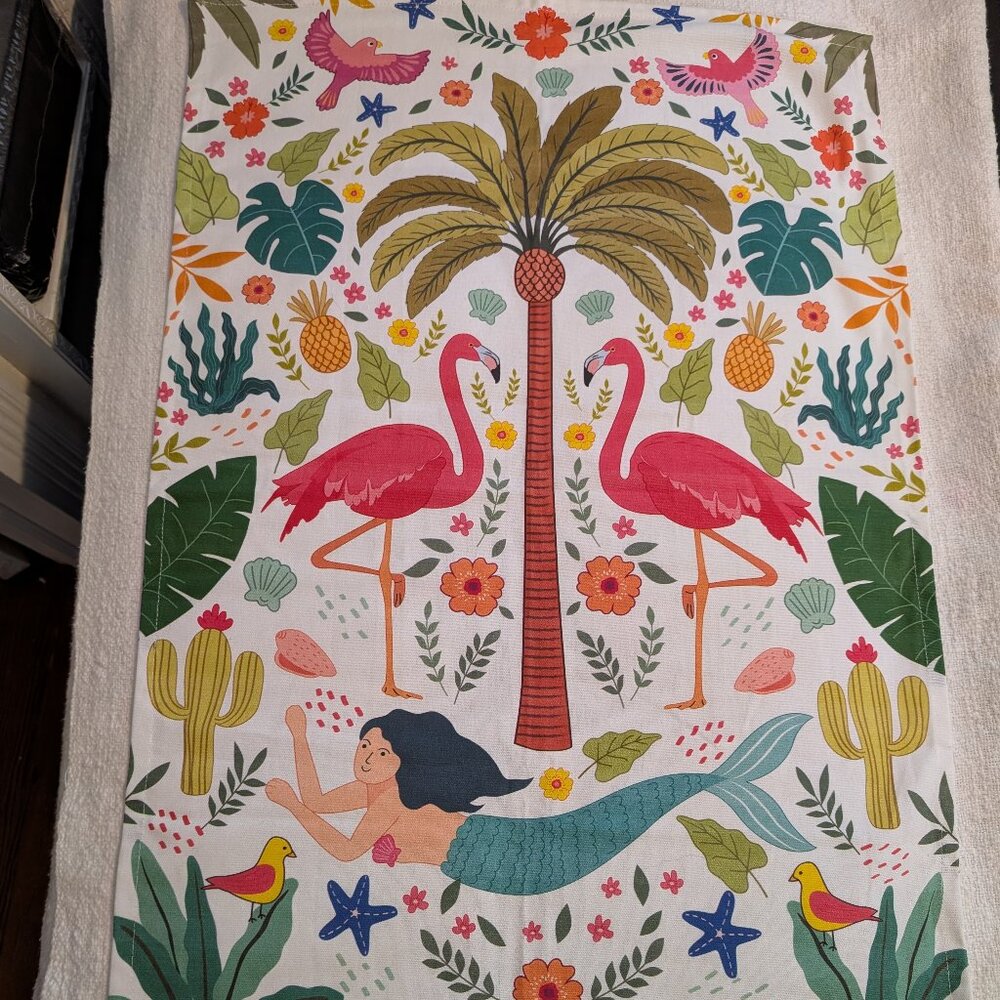 Mermaid Palm Tree Flamingo Tea Towel by Naked Decor NEW